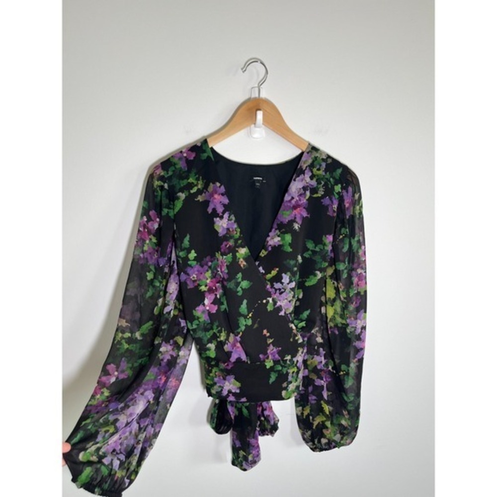 Express Dark Fairy Grunge Sheer Floral Flowy Tie Back‎ Womens Top Black L
